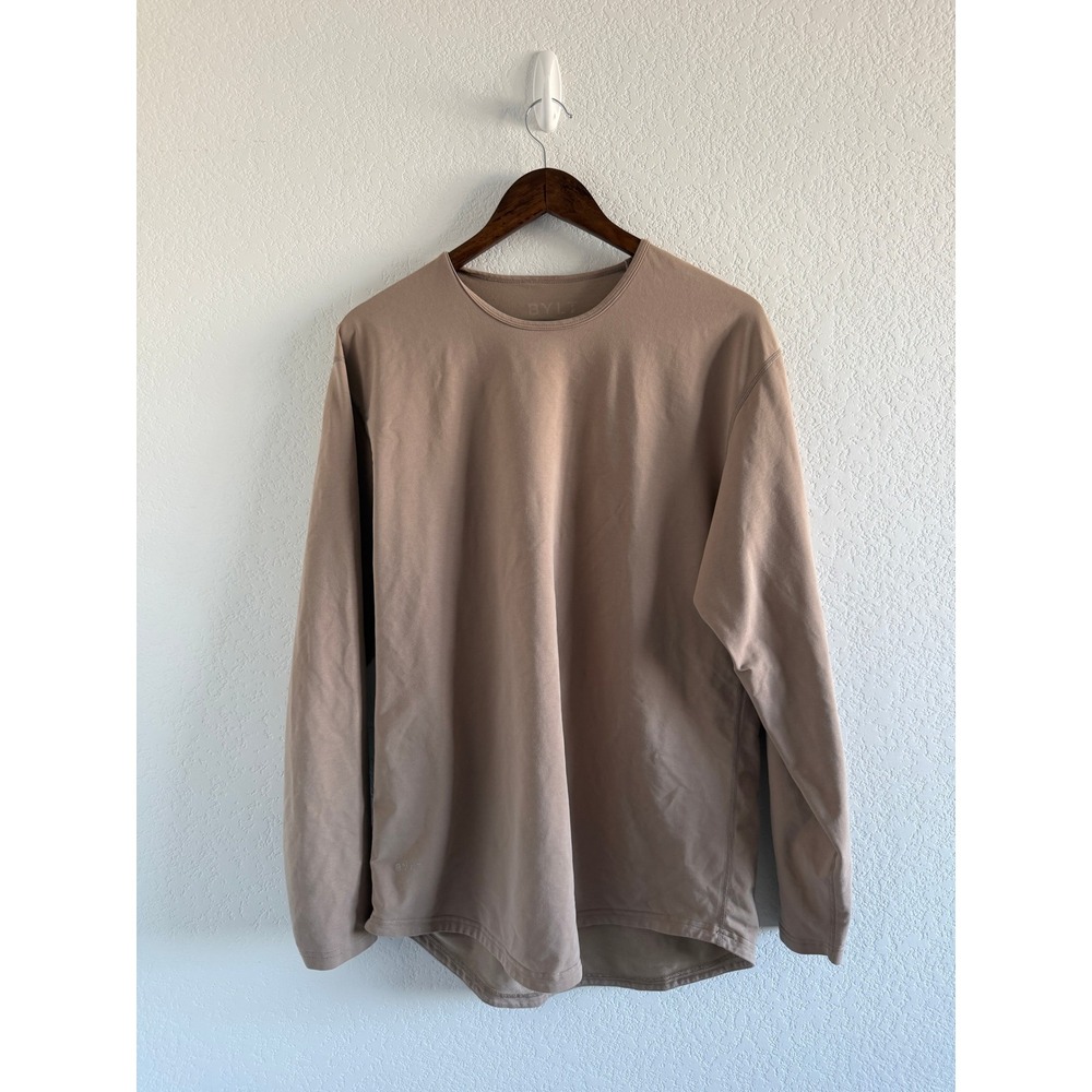 BYLT Athleisure Drop-Cut Shirt Size L Sand Tan Curved Hem Long Sleeve